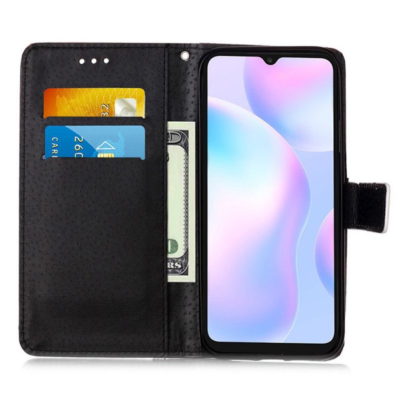 Skórzany Futerał Xiaomi Redmi 9A Etui na Telefon Księżycowy Kot Ze Stringami