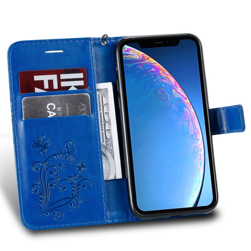 Skórzany Futerał iPhone 11 Pro Ciemnoniebieski Etui na Telefon Gigantyczne Motyle Stringi