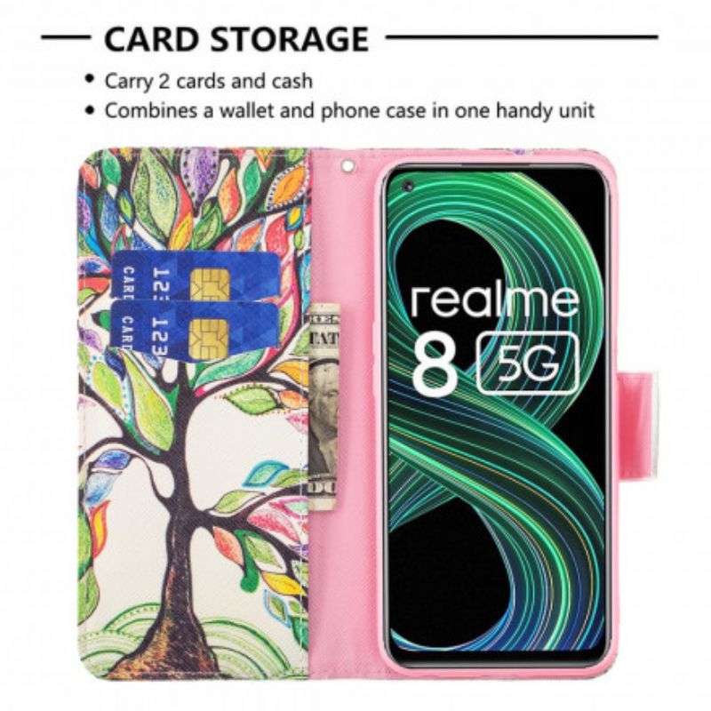 Skórzany Futerał Realme 8 5g Etui Na Telefon Kolorowe Drzewo