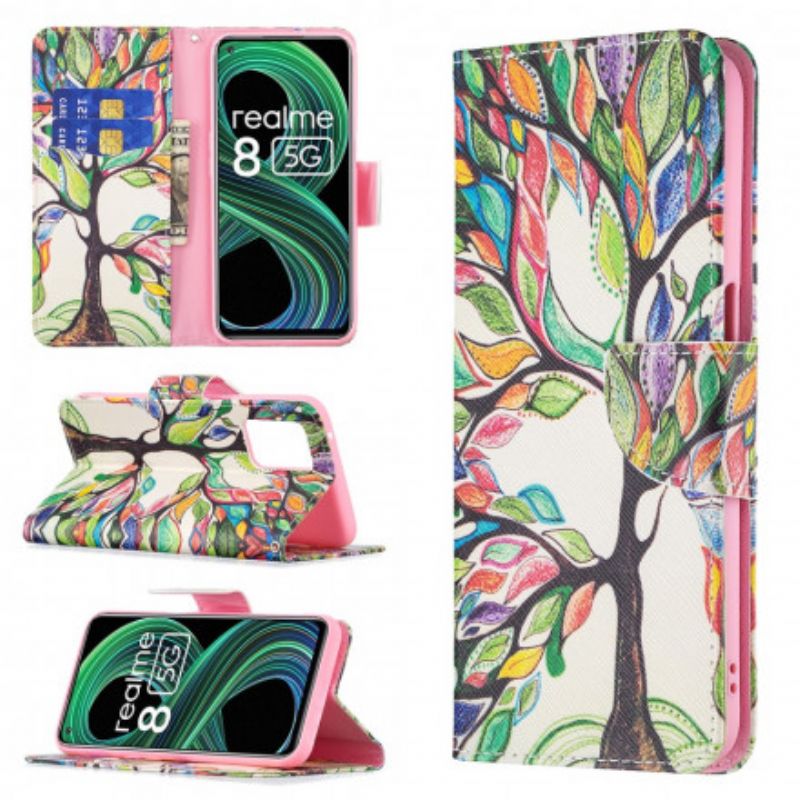 Skórzany Futerał Realme 8 5g Etui Na Telefon Kolorowe Drzewo