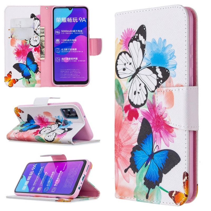 Etui Folio Honor 9A Jasnoniebieski Magenta Malowane Motyle I Kwiaty Etui Ochronne