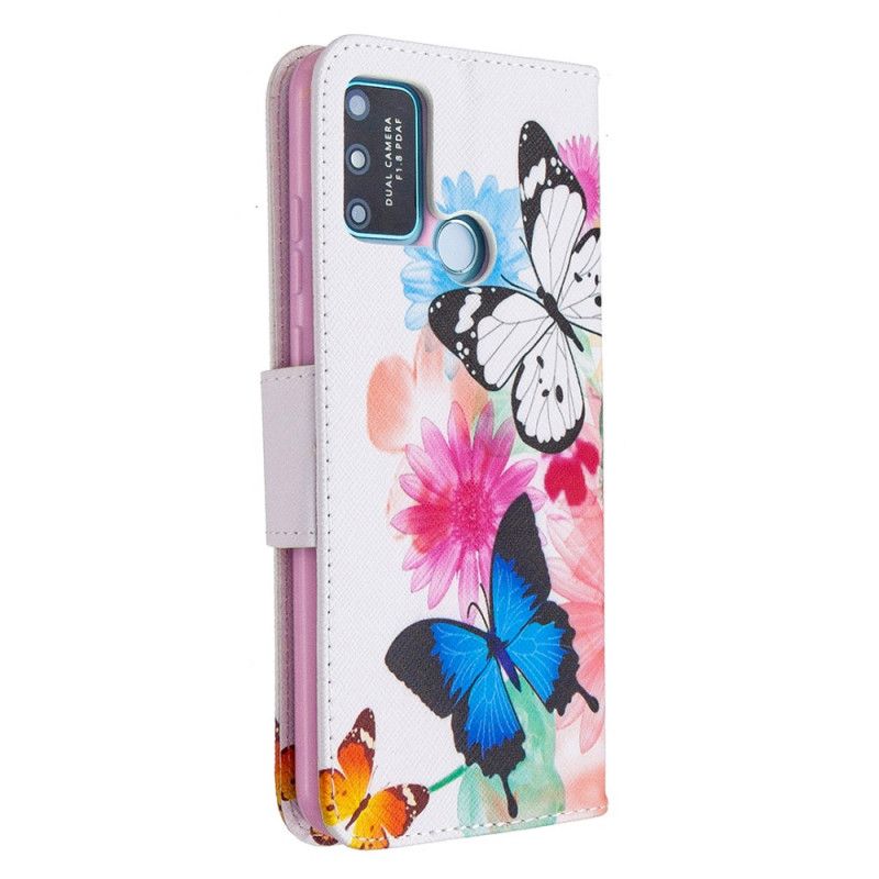 Etui Folio Honor 9A Jasnoniebieski Magenta Malowane Motyle I Kwiaty Etui Ochronne