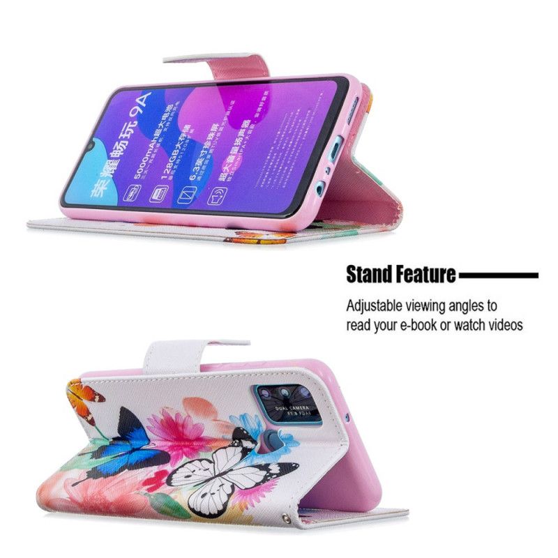 Etui Folio Honor 9A Jasnoniebieski Magenta Malowane Motyle I Kwiaty Etui Ochronne