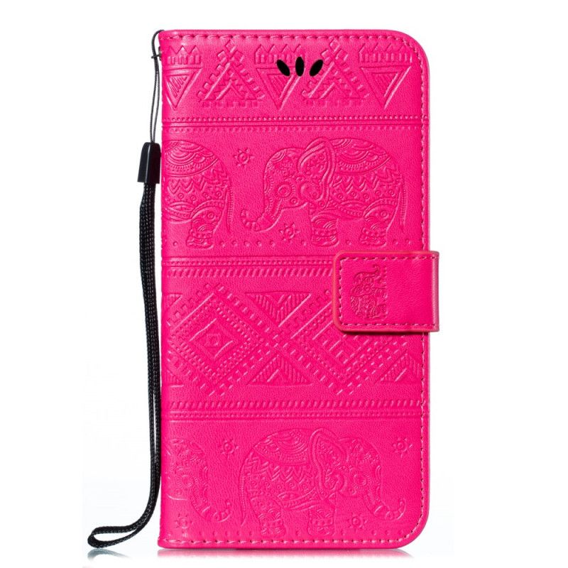 Etui Folio Xiaomi Redmi Note 8 Ciemnoniebieski Magenta Plemienne Słonie Ze Sztucznej Skóry Etui Ochronne