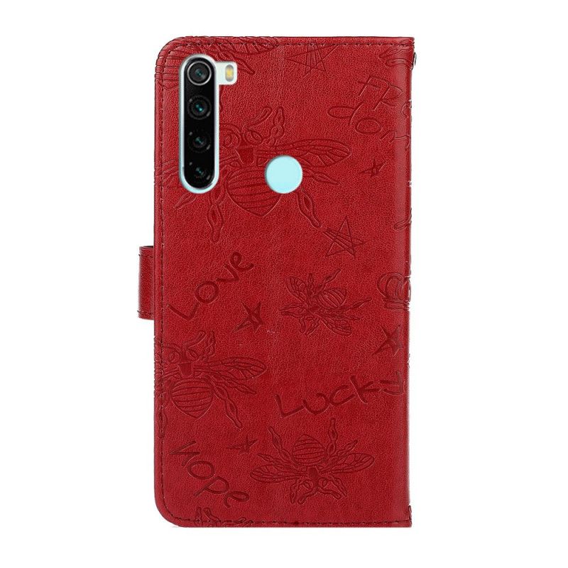 Skórzany Futerał Xiaomi Redmi Note 8 Czerwony Szary Etui na Telefon Uśmiech Pszczoły Urok
