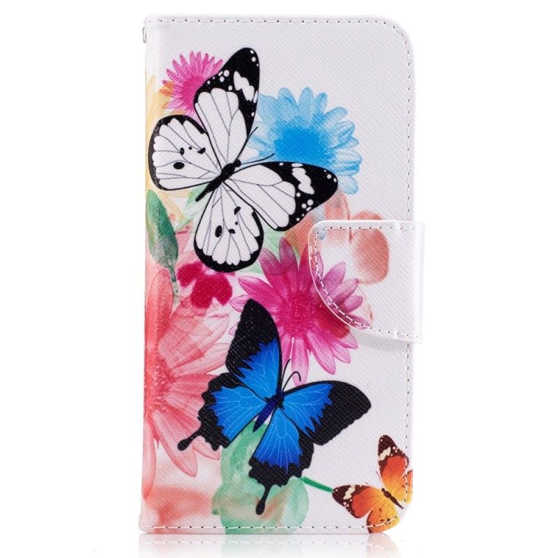 Etui Folio Huawei P10 Lite Jasnoniebieski Różowy Malowane Motyle I Kwiaty
