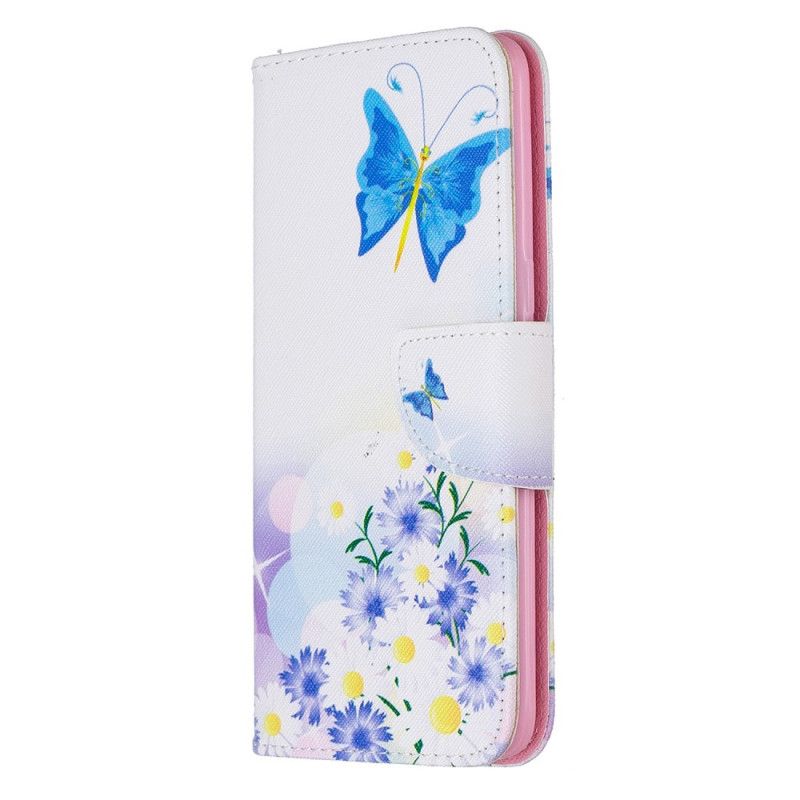 Etui Folio Samsung Galaxy A10s Jasnoniebieski Magenta Malowane Motyle I Kwiaty