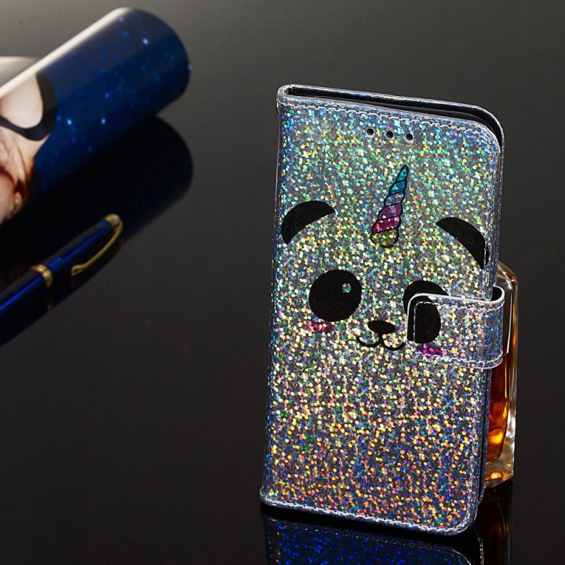 Skórzany Futerał Samsung Galaxy A10s Etui na Telefon Panda Na Tle Brokatu