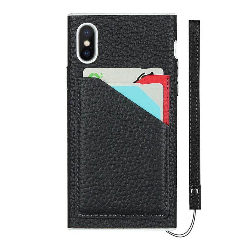 Etui iPhone X Szary Czarny Etui Na Karty Z Prawdziwej Skóry Liczi Ze Smyczą Etui Ochronne