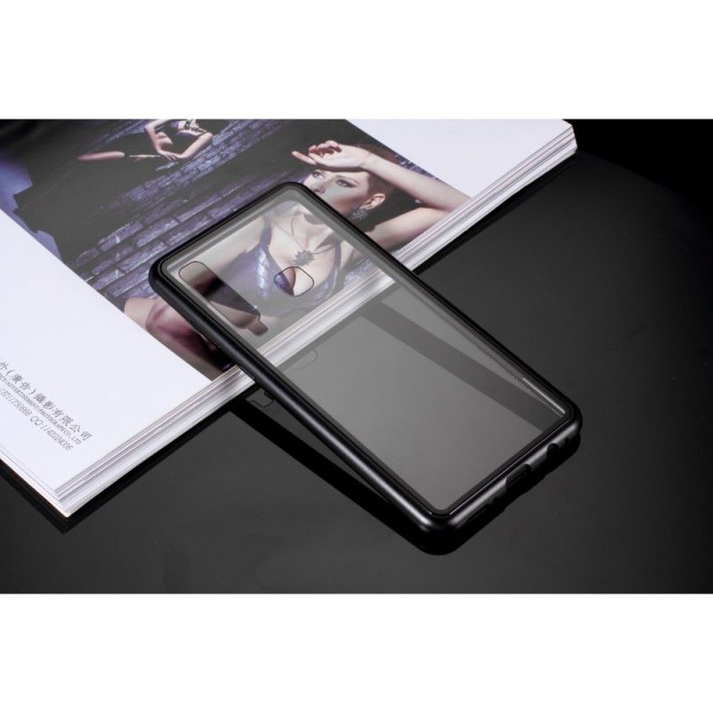 Etui Samsung Galaxy A9 Biały Czarny Krawędzie Metalowe I Ze Szkła Hartowanego