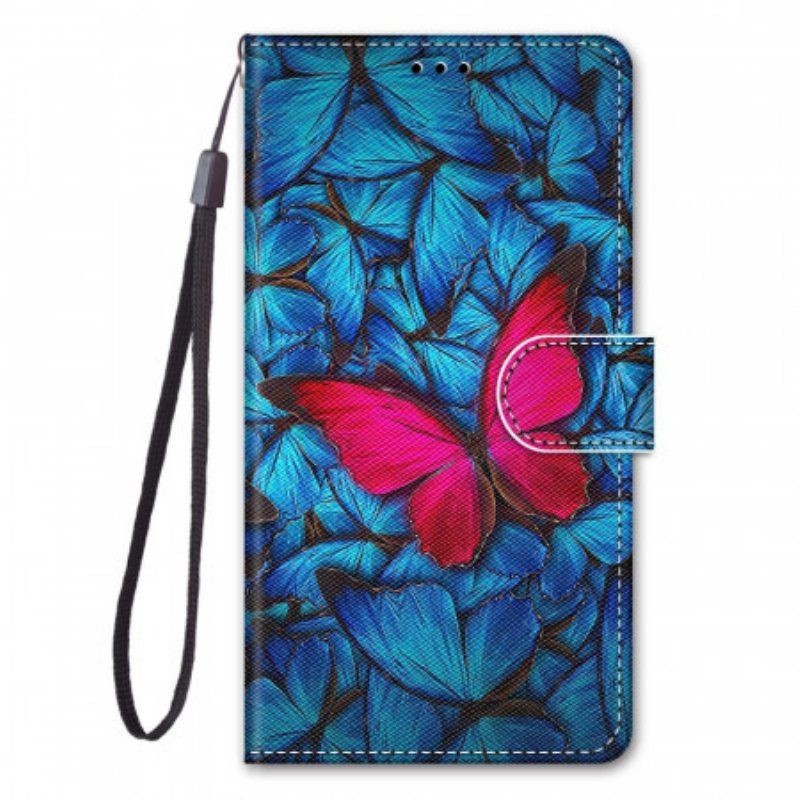 Etui Folio do Samsung Galaxy M23 5G Czerwony Motyl Niebieskim Tle