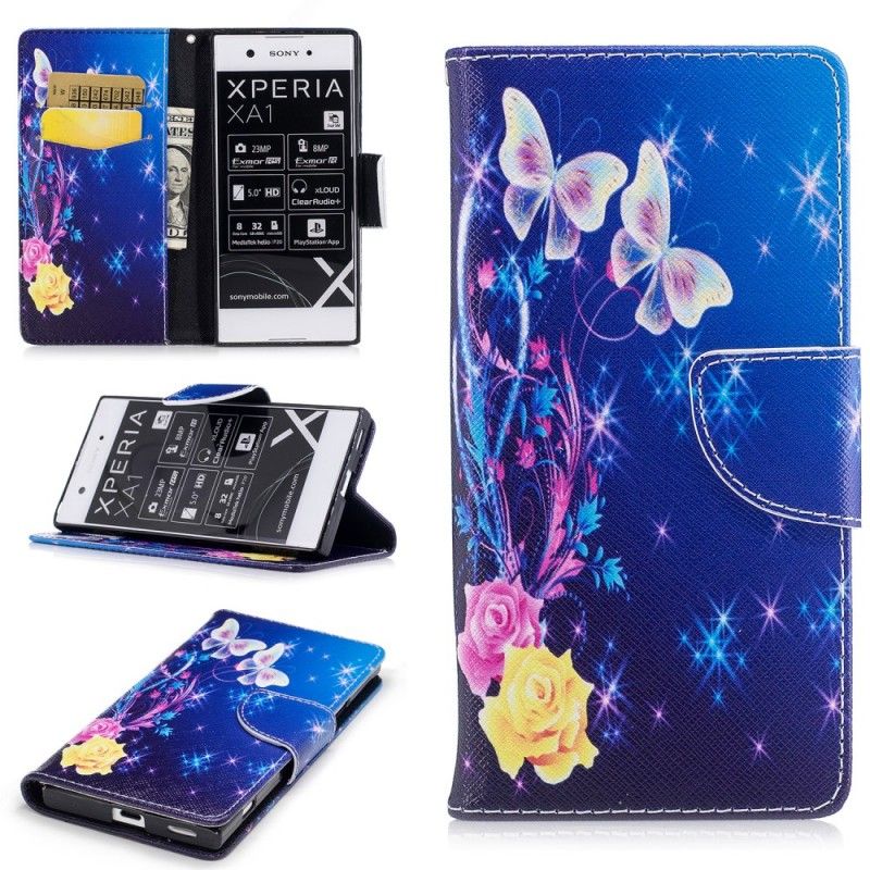 Etui Folio Sony Xperia XA1 Jasnoniebieski Różowy Motyle W Nocy Etui Ochronne