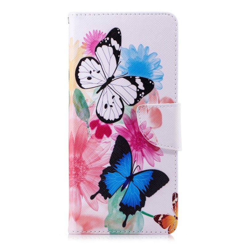 Skórzany Futerał Samsung Galaxy Note 9 Jasnoniebieski Różowy Etui na Telefon Malowane Motyle I Kwiaty