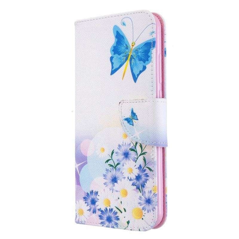 Skórzany Futerał Xiaomi Redmi Note 8T Jasnoniebieski Magenta Etui na Telefon Malowane Motyle I Kwiaty