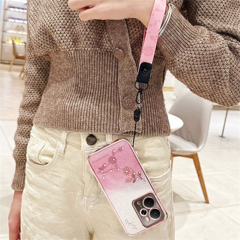 Etui Do Realme 14t 5g Pasek Z Kryształkami I Kwiatami Kadem