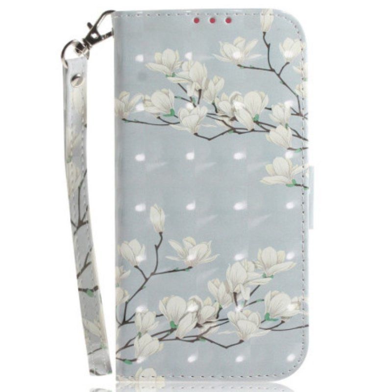 Etui Folio do OnePlus Nord 2T 5G z Łańcuch Kwiaty Magnolii W Paski