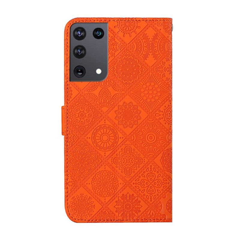 Etui Folio Samsung Galaxy S21 Ultra 5G Biały Czarny Wzór Gobelinu