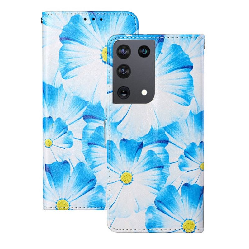 Etui Folio Samsung Galaxy S21 Ultra 5G Jasnoniebieski Czarny Dzikie Kwiaty Etui Ochronne