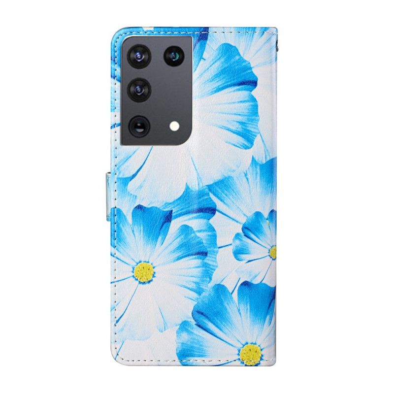 Etui Folio Samsung Galaxy S21 Ultra 5G Jasnoniebieski Czarny Dzikie Kwiaty Etui Ochronne