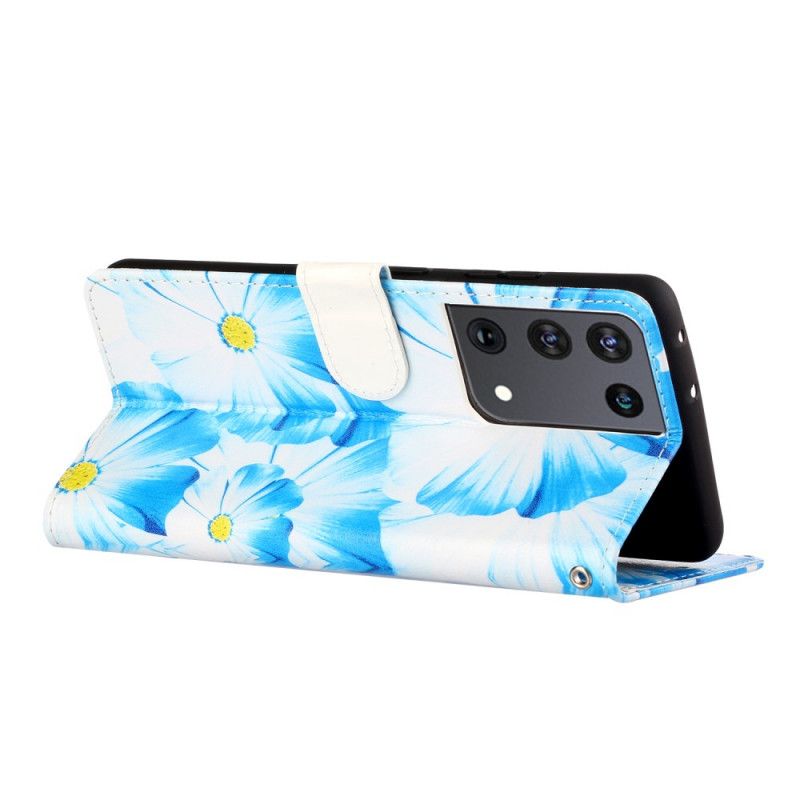 Etui Folio Samsung Galaxy S21 Ultra 5G Jasnoniebieski Czarny Dzikie Kwiaty Etui Ochronne