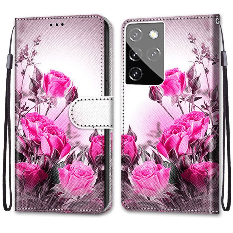 Etui Folio Samsung Galaxy S21 Ultra 5G Złoty Purpurowy Magiczne Kwiaty Etui Ochronne