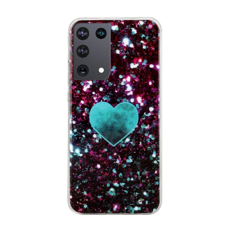 Etui Samsung Galaxy S21 Ultra 5G Biały Czarny Błyszczące Marmurowe Serce Etui Ochronne