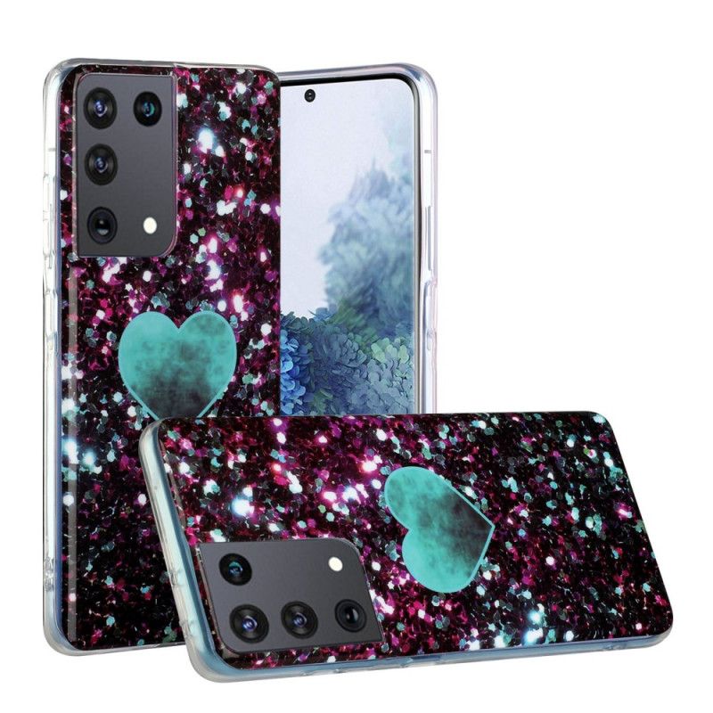 Etui Samsung Galaxy S21 Ultra 5G Biały Czarny Błyszczące Marmurowe Serce Etui Ochronne