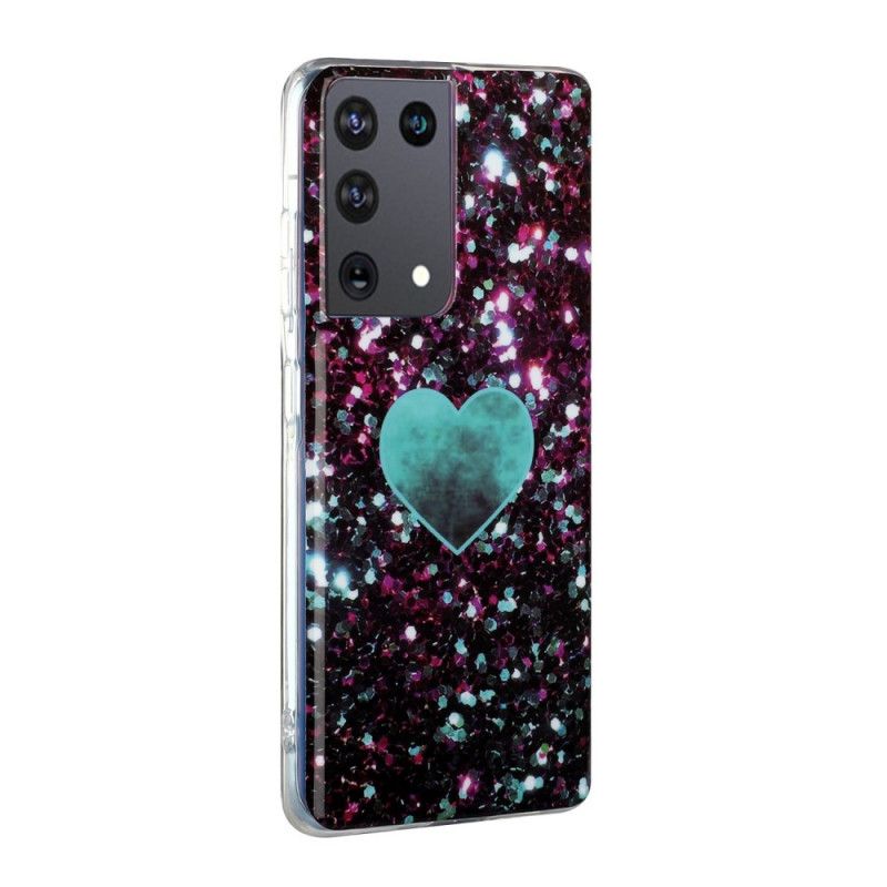 Etui Samsung Galaxy S21 Ultra 5G Biały Czarny Błyszczące Marmurowe Serce Etui Ochronne
