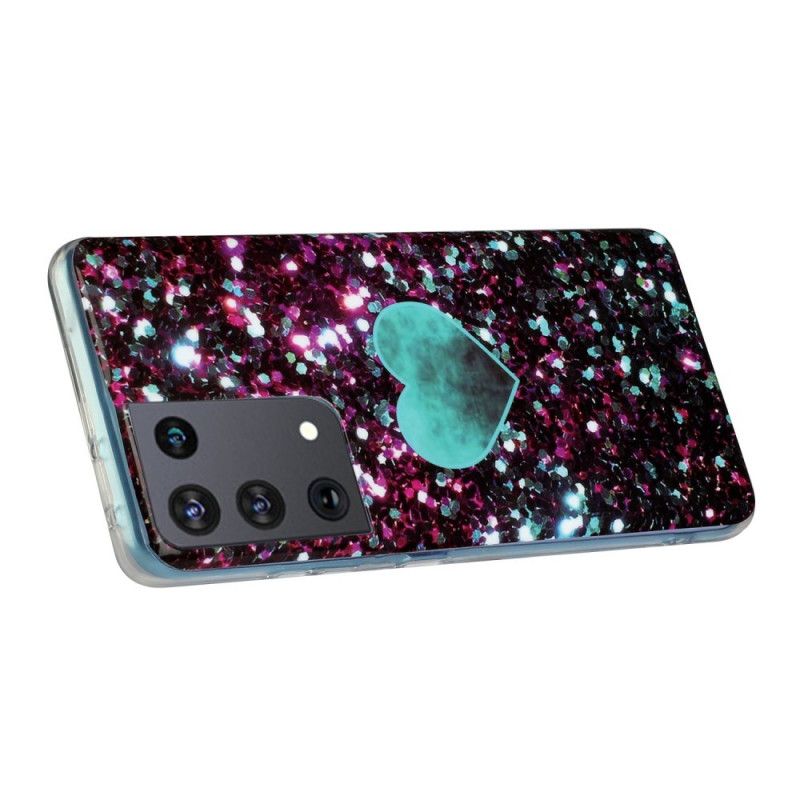 Etui Samsung Galaxy S21 Ultra 5G Biały Czarny Błyszczące Marmurowe Serce Etui Ochronne