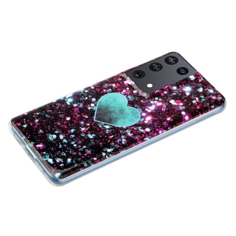 Etui Samsung Galaxy S21 Ultra 5G Biały Czarny Błyszczące Marmurowe Serce Etui Ochronne
