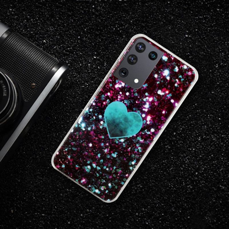 Etui Samsung Galaxy S21 Ultra 5G Biały Czarny Błyszczące Marmurowe Serce Etui Ochronne