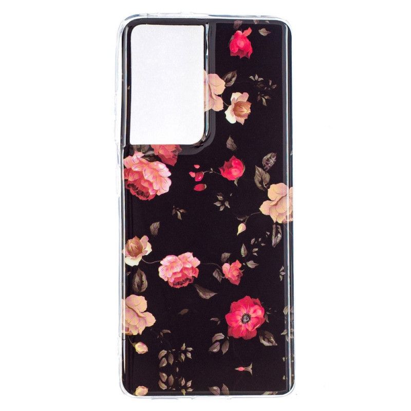 Etui Samsung Galaxy S21 Ultra 5G Ciemnoczerwony Czarny Fluorescencyjna Seria Kwiatowa Etui Ochronne