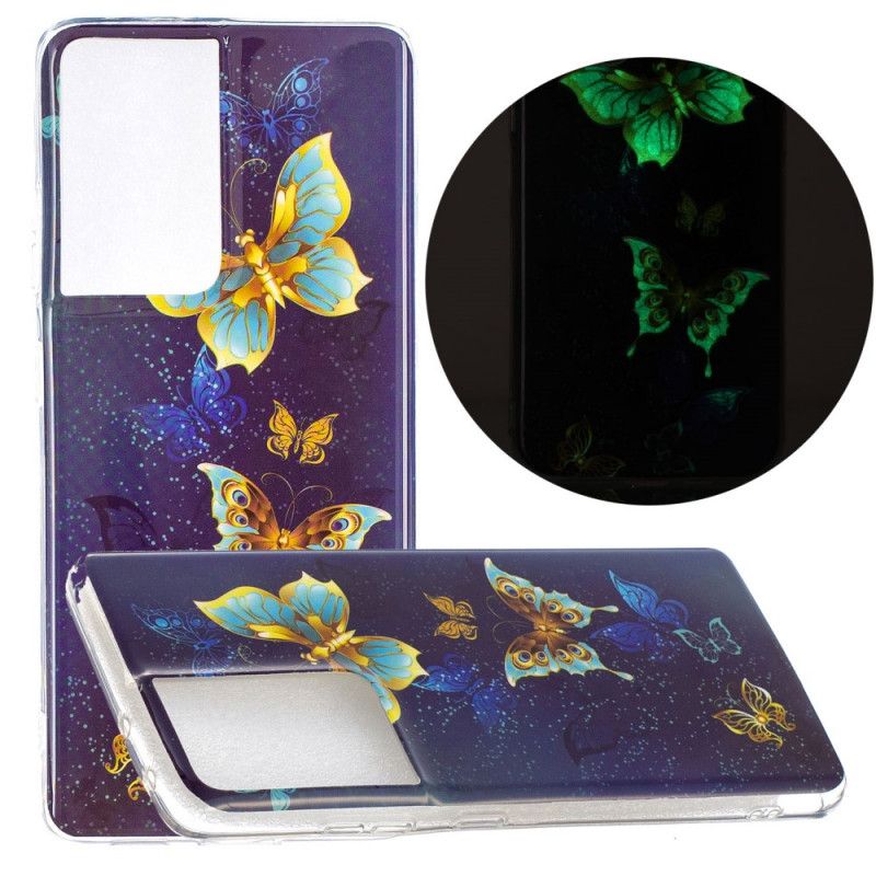 Etui Samsung Galaxy S21 Ultra 5G Jasnoniebieski Ciemnoniebieski Fluorescencyjna Seria Motylkowa Etui Ochronne