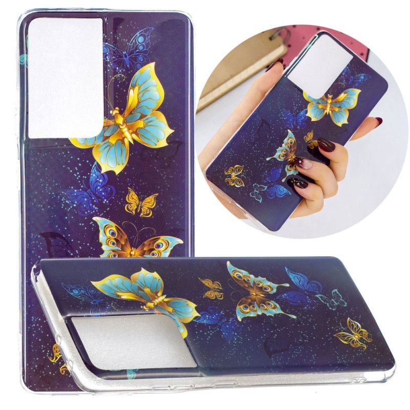 Etui Samsung Galaxy S21 Ultra 5G Jasnoniebieski Ciemnoniebieski Fluorescencyjna Seria Motylkowa Etui Ochronne
