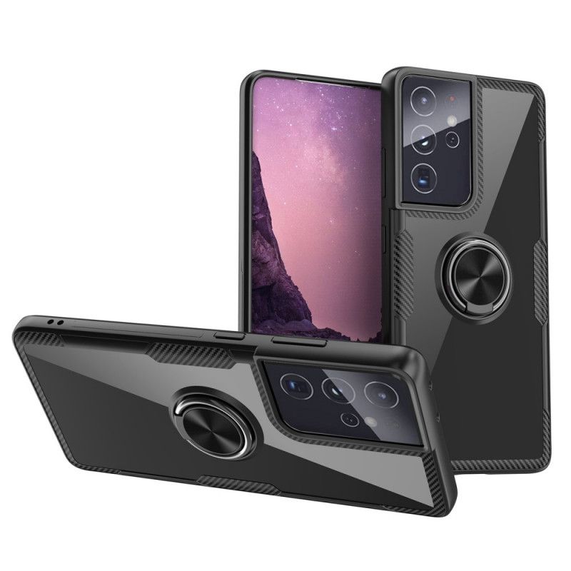 Etui Samsung Galaxy S21 Ultra 5G Szary Czarny Metalowy Pierścień Z Włókna Węglowego