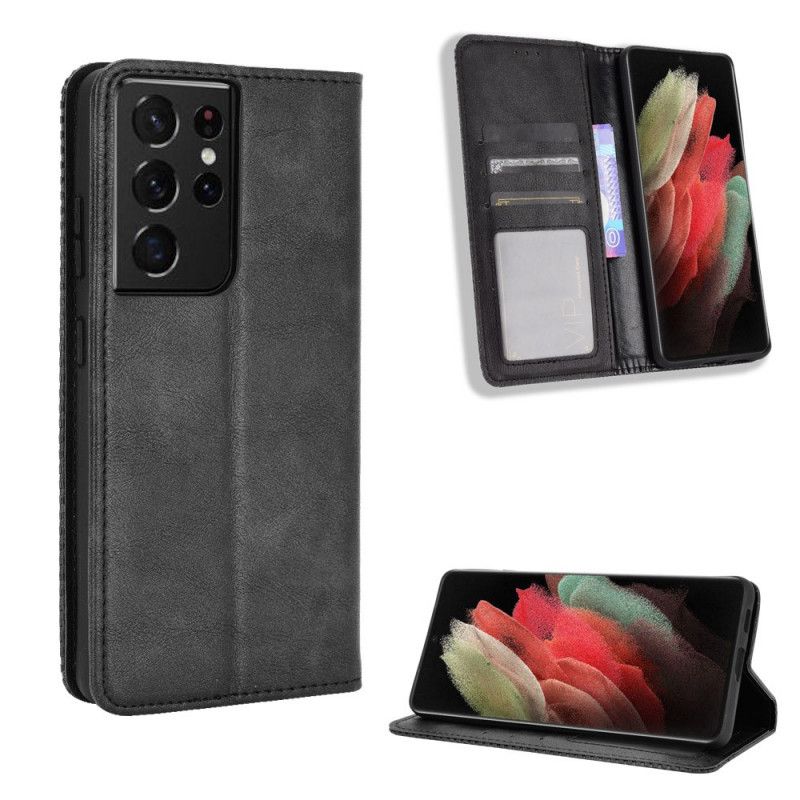 Flip Kotelot Samsung Galaxy S21 Ultra 5G Czerwony Czarny Stylizowany Efekt Skóry W Stylu Vintage