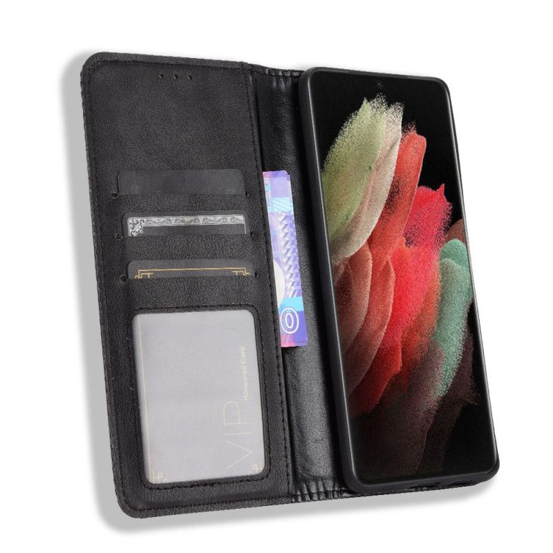 Flip Kotelot Samsung Galaxy S21 Ultra 5G Czerwony Czarny Stylizowany Efekt Skóry W Stylu Vintage
