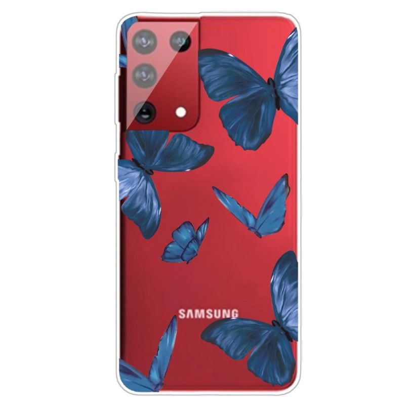 Futerały Samsung Galaxy S21 Ultra 5G Ciemnoniebieski Różowy Etui na Telefon Dzikie Motyle