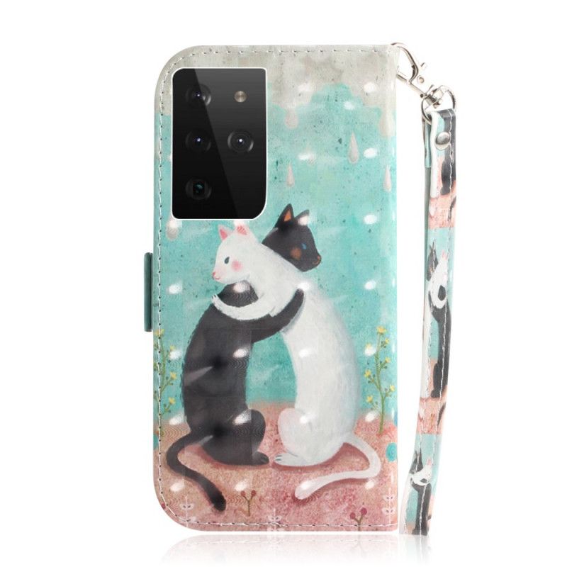 Skórzany Futerał Samsung Galaxy S21 Ultra 5G Etui na Telefon Koci Przyjaciele Ze Stringami