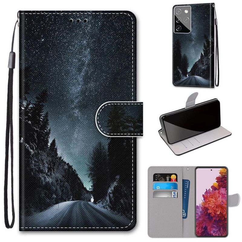 Skórzany Futerał Samsung Galaxy S21 Ultra 5G Jasnoniebieski Czarny Etui na Telefon Tajemnicza Natura