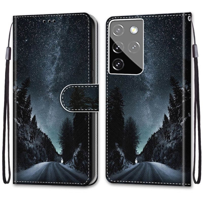 Skórzany Futerał Samsung Galaxy S21 Ultra 5G Jasnoniebieski Czarny Etui na Telefon Tajemnicza Natura