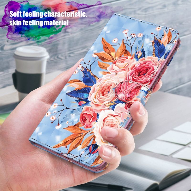 Skórzany Futerał Samsung Galaxy S21 Ultra 5G Jasnoniebieski Czerwony Etui na Telefon Romantyczny Punkt Świetlny Ze Stringami