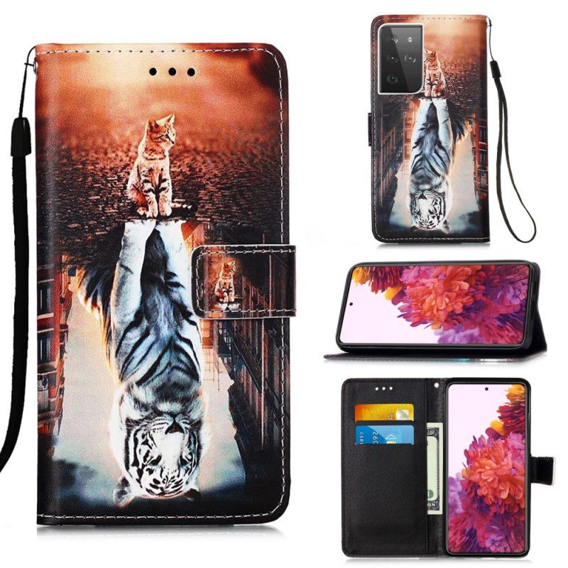 Skórzany Futerał Samsung Galaxy S21 Ultra 5G Pomarańczowy Czarny Etui na Telefon Kociak