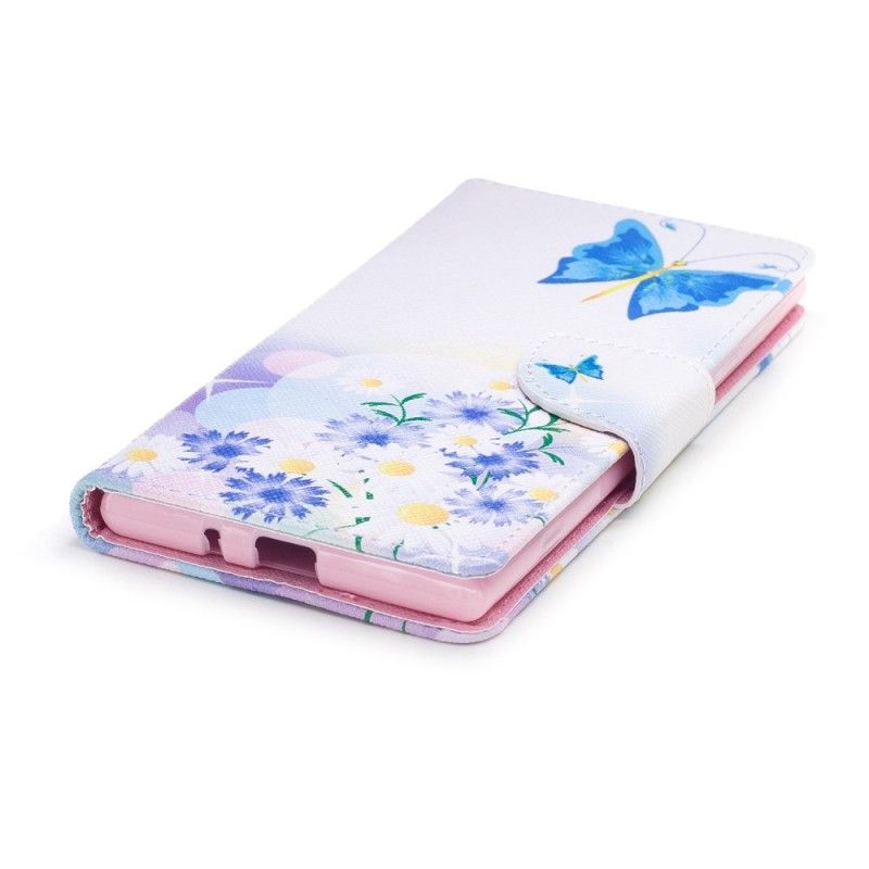 Skórzany Futerał Sony Xperia XZ1 Różowy Etui na Telefon Malowane Motyle I Kwiaty