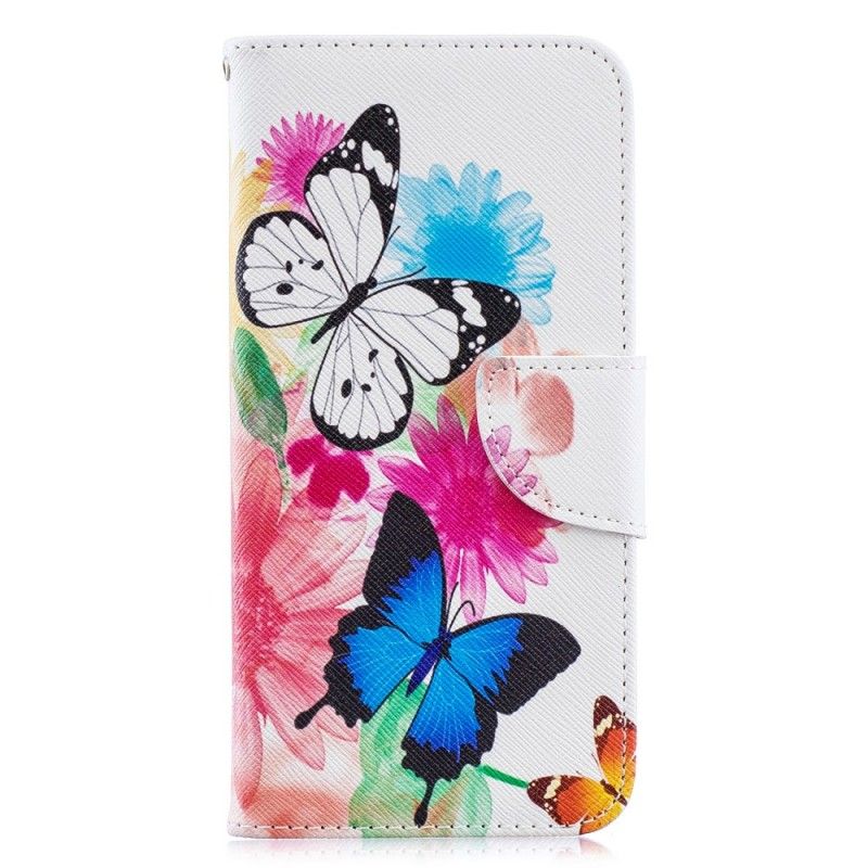 Skórzany Futerał Huawei Y6 2019 Jasnoniebieski Magenta Etui na Telefon Malowane Motyle I Kwiaty