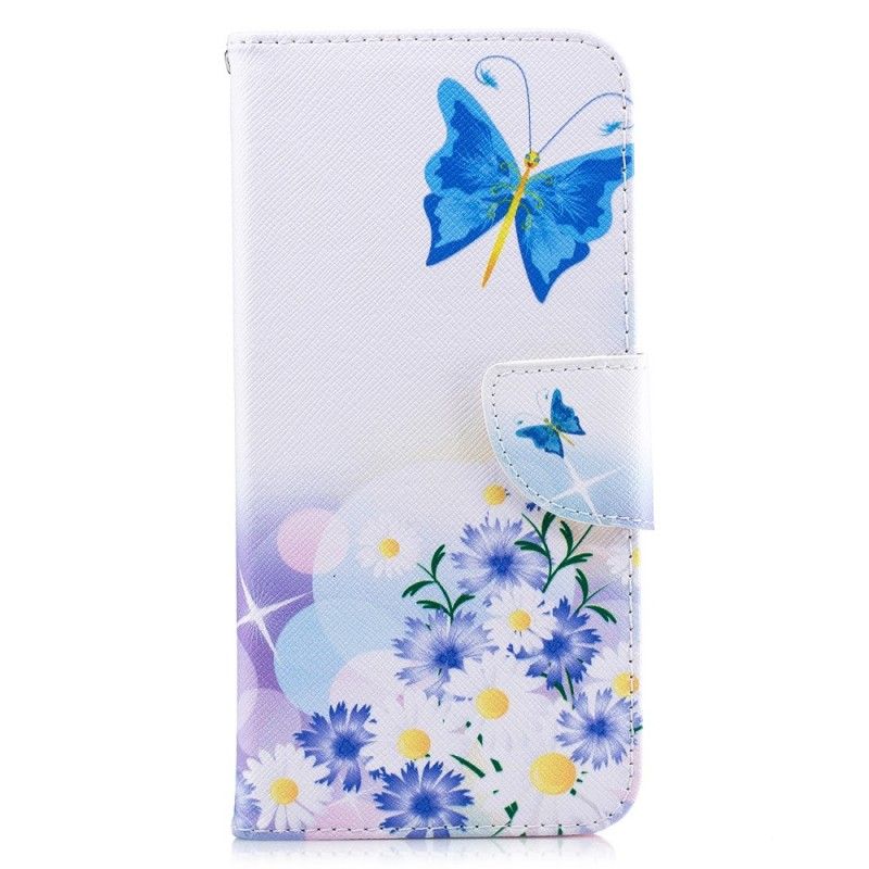 Etui Folio Huawei P Smart Plus Jasnoniebieski Magenta Malowane Motyle I Kwiaty
