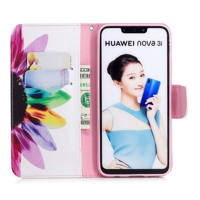 Skórzany Futerał Huawei P Smart Plus Etui na Telefon Kwiat Akwareli