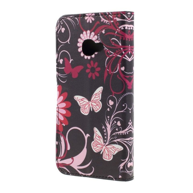 Skórzany Futerał Samsung Galaxy XCover 4S / 4 Czarny Etui na Telefon Motyle I Kwiaty