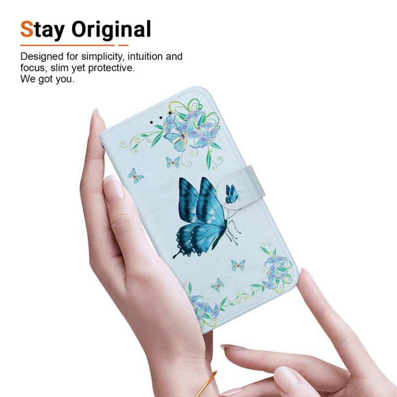 Etui Folio Xiaomi Redmi Note 14 4g Niebieski Motyl I Kwiaty Etui Ochronne