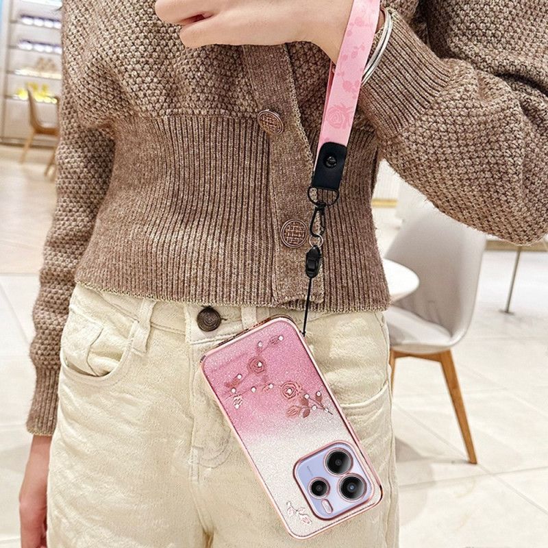 Futerały Xiaomi Redmi Note 14 4g Etui Na Telefon Kryształki I Kwiaty Ze Smyczką